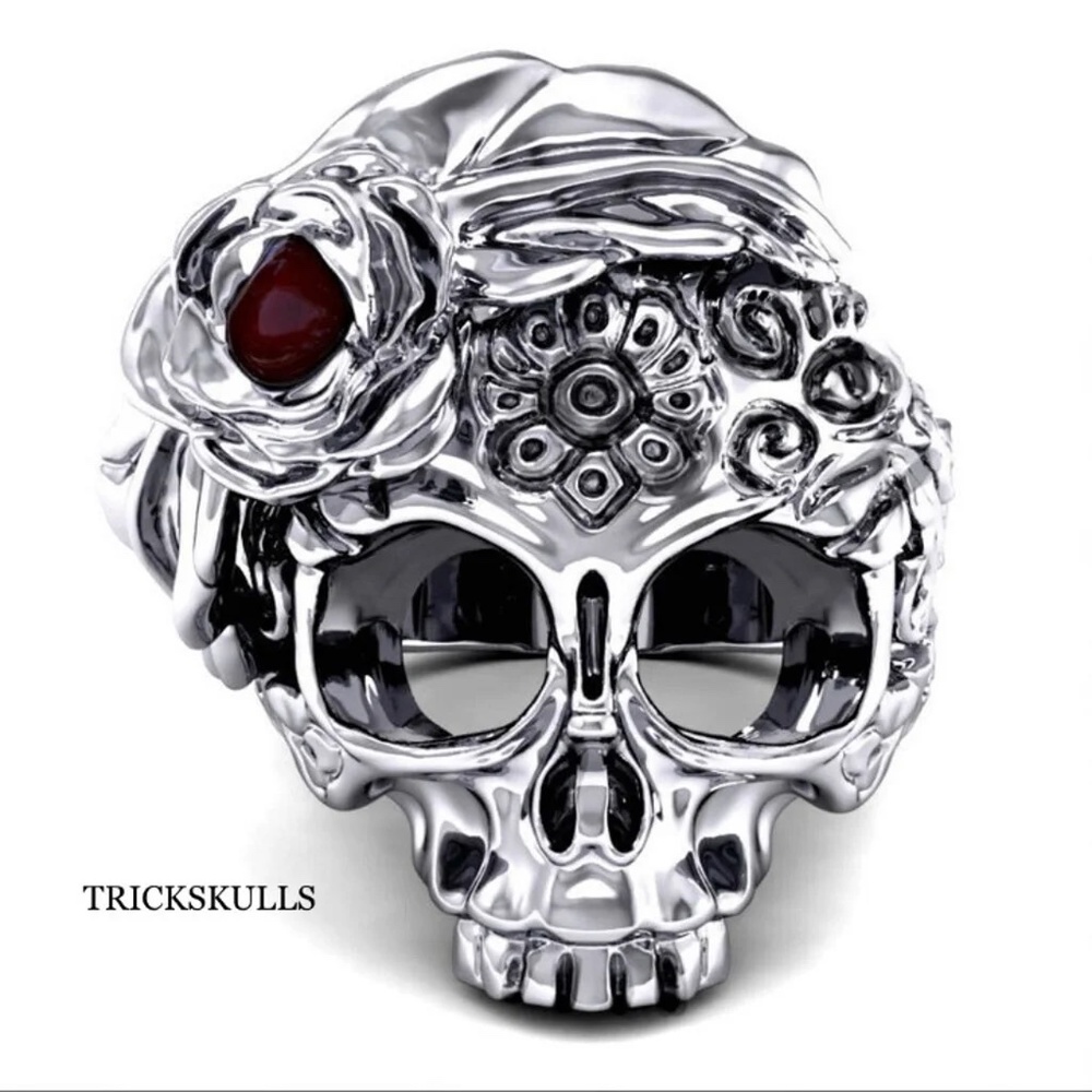Silver Stainless Gypsy Girl Skull Red Rose Cubic Ring Sizes 7 8 9 10 11 12 NEW!